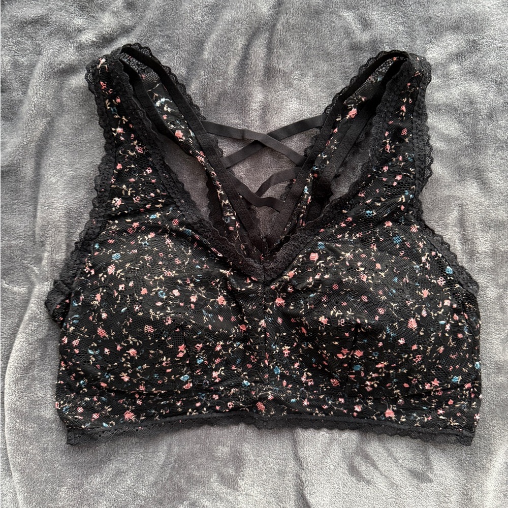 Maurices Black Floral Lace Bralette with Pink & Blue Accents